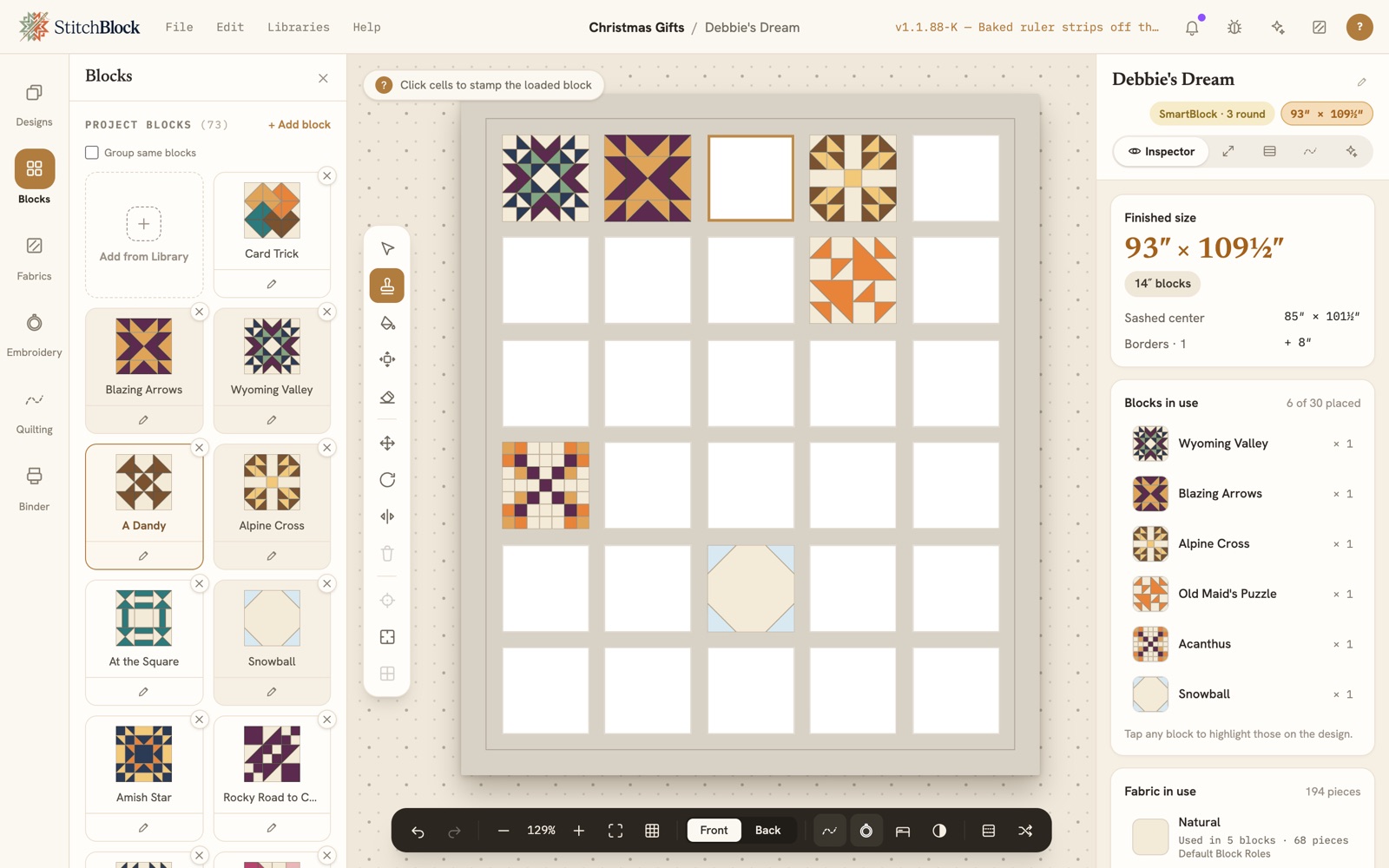 The StitchBlock worktable with Debbie's Dream, a thirty-block sampler sized to a twin bed, just begun: six blocks placed here and there on the open grid, the Blocks panel on the left with the next block loaded on the Stamp tool