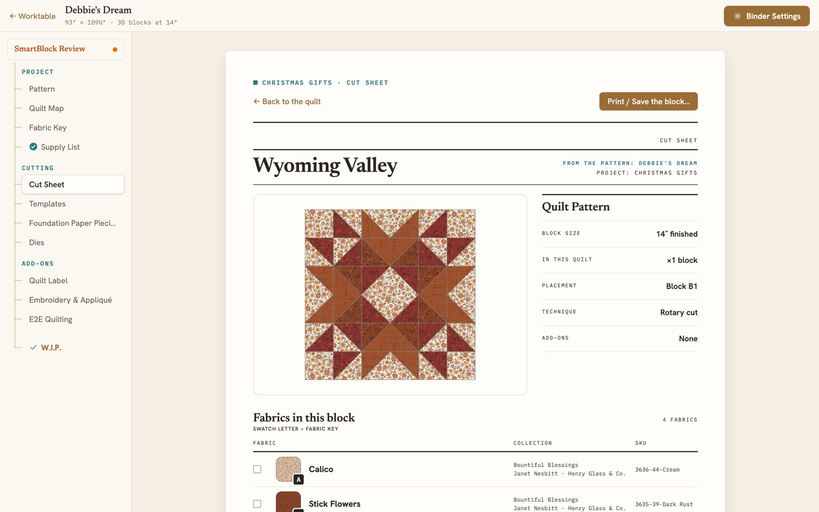 The Binder's Cut Sheet for the Wyoming Valley block: the block in its fabrics, its size, placement and technique, and the fabrics it cuts from