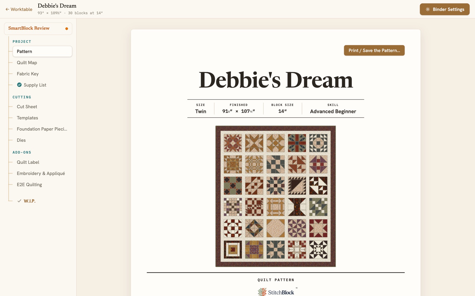 The Binder's Pattern page: the quilt's cover with its bed size, finished size, block size and skill level, and the Print / Save the Pattern button